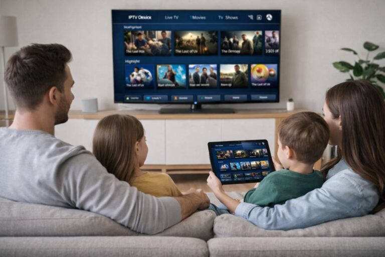 IPTV SERVICE a family using a smart TV and tablet at home
